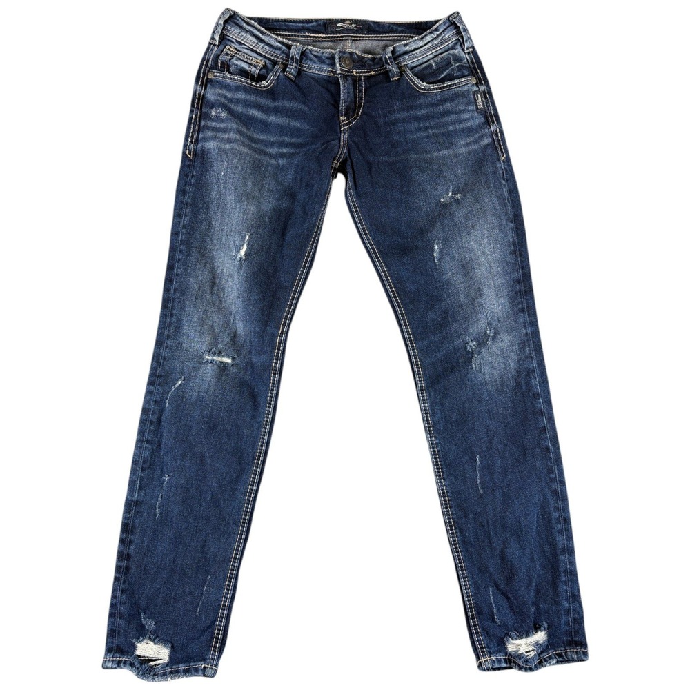 Silver Jeans Co Sam Slim Jeans Womens W26 L27 Dark Blue Distressed Y2K Midrise